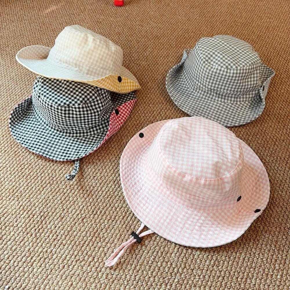 Drawstring Boys Girls Bucket Cap Lattice Baby Sun Hat Breathable Children Fisherman Hat  Outdoor