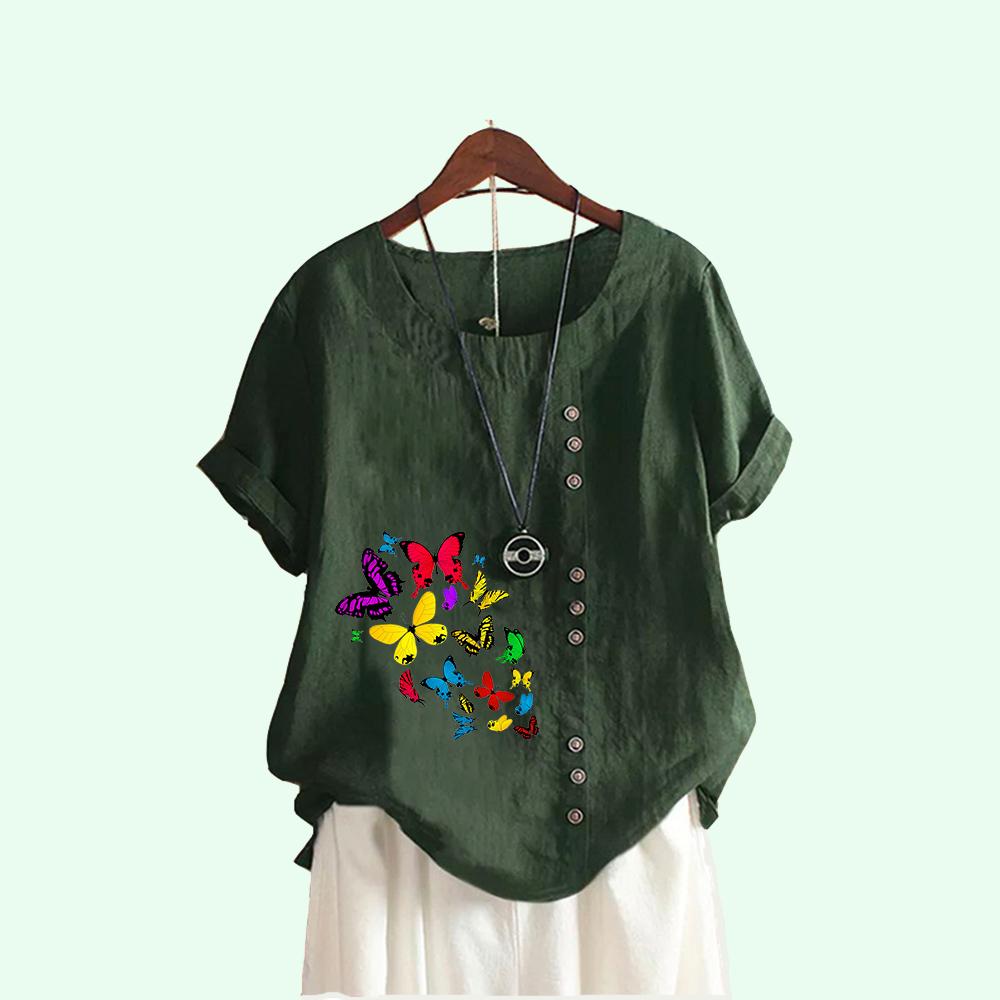 Women Fashion Butterfly Print Short Sleeve T-shirt Summer Casual Round Neck Pullover Loose Cotton Linen Blouses