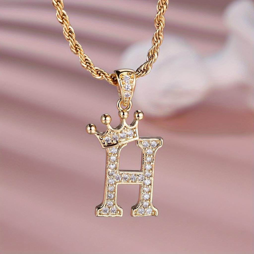 1 Pc Golden Color 26 English Letter Princess Crown Necklace Pendant Wedding Band Jewelry Valentine's Day Gift