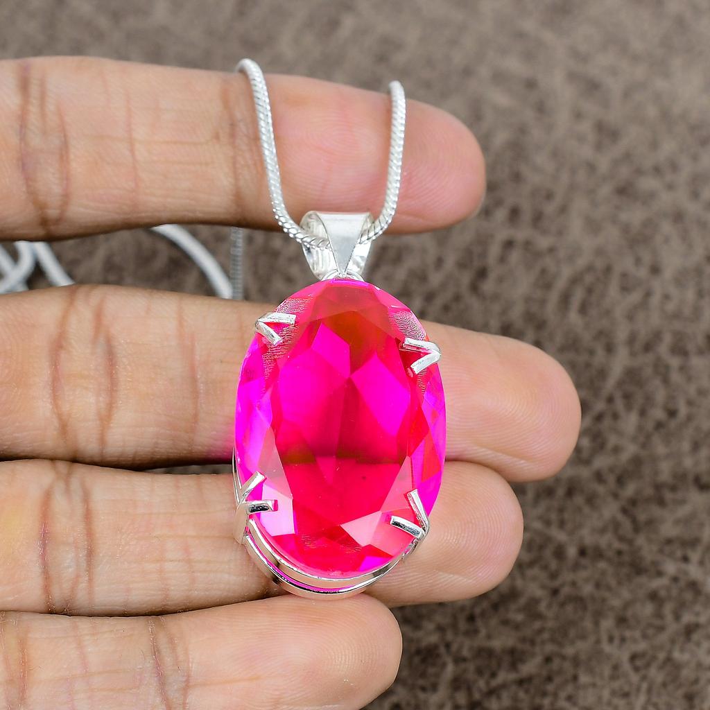 Pink Rubillite Gemstone Handmade 925 Sterling Silver Jewelry Pendant 1.85" KKG-783