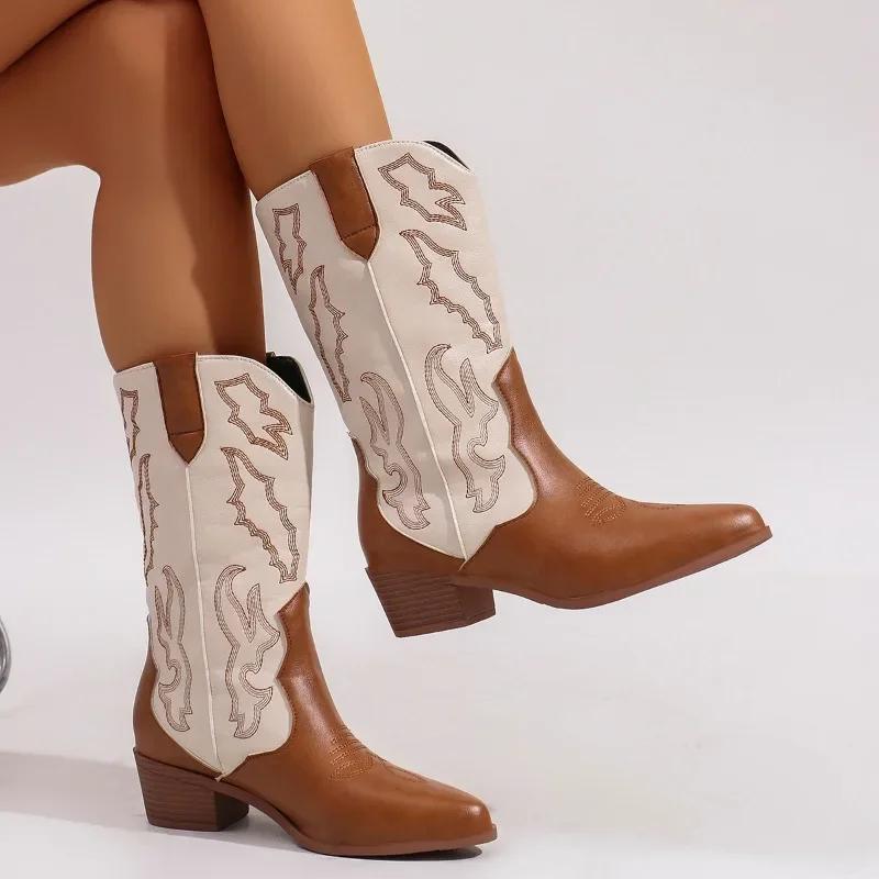 

Модная женская обувь 2024 Бренд Слипоны Женские ботинки Модная вышивка Современные ботинки Женские Сексуальные с острым носком Большого размера Ботинки до середины икры 38 светло-коричневого