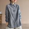 Women's Chinese-Style Embroidered Houndstooth Frog Button Top - Retro Ethnic Cotton Linen Shirt for Autumn/Spring 2025.