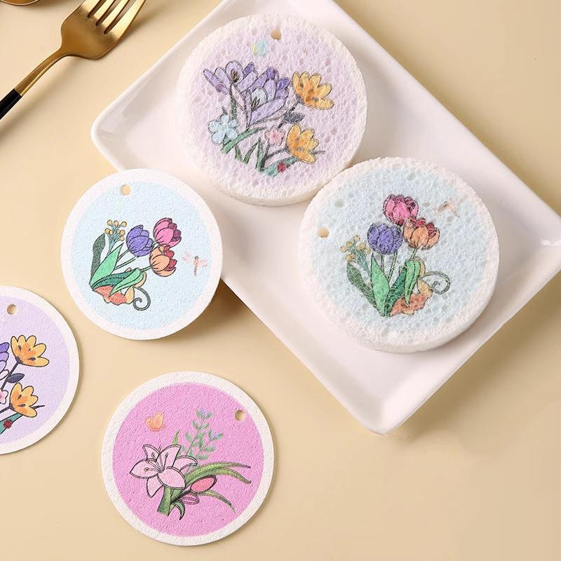 

Сжатая древесная масса хлопковая тряпка кухонная чистка мытье посуды губка швабра круглая цветы принт губка толщина 1.85 см после замачивания 1PCS