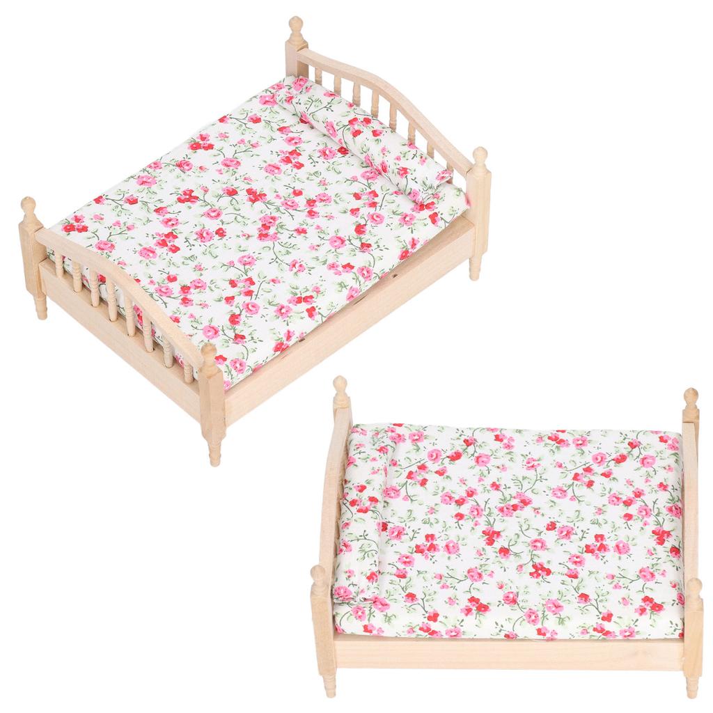 1:12 Dollhouse Mini Double Bed Lifelike Exquisite Details Mini Dollhouse Furniture Double Bed for 1:12 Doll House Gifts