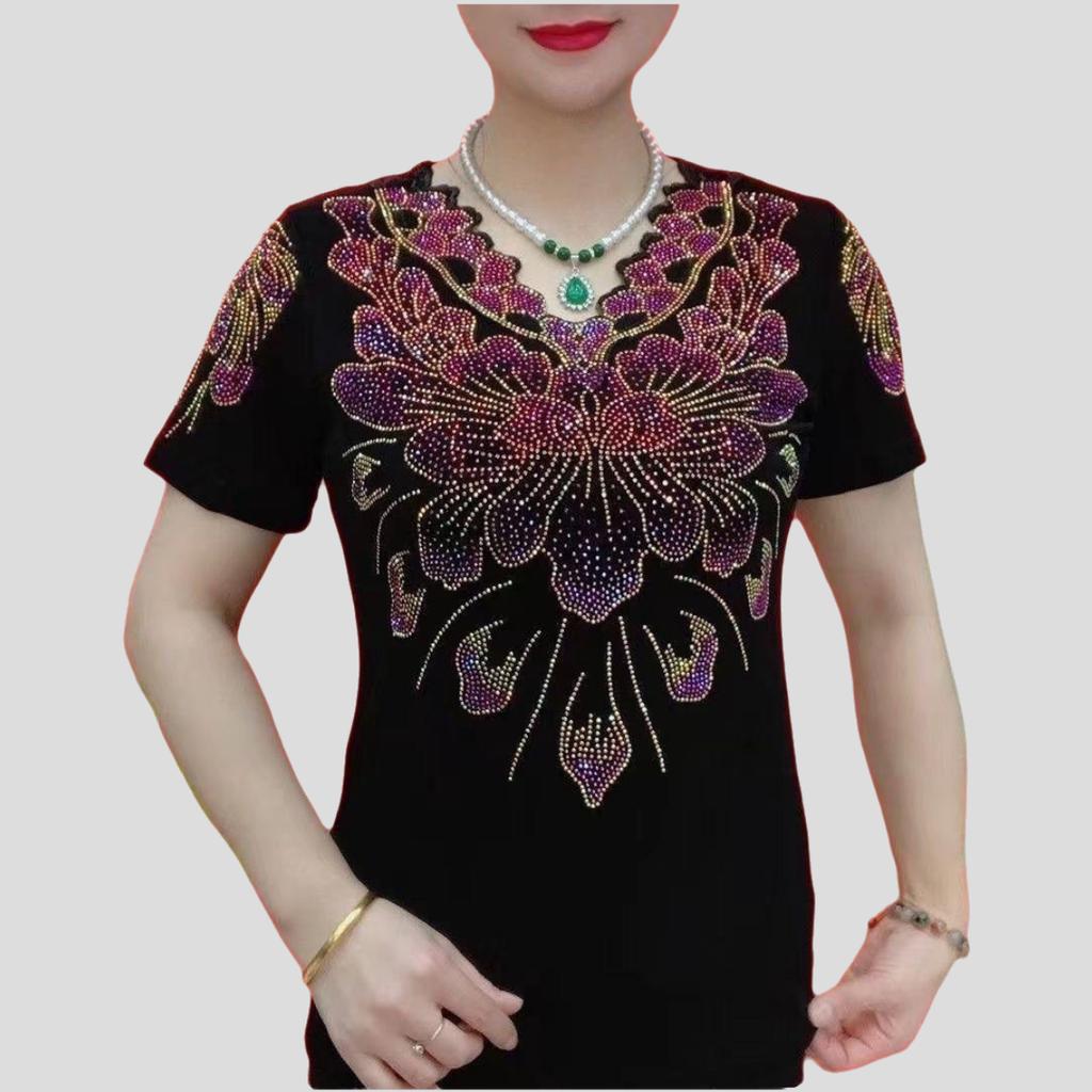 Women's V-neck Short Sleeve T-shirt Rhinestone Print High Stretch Slim-fit T-shirt