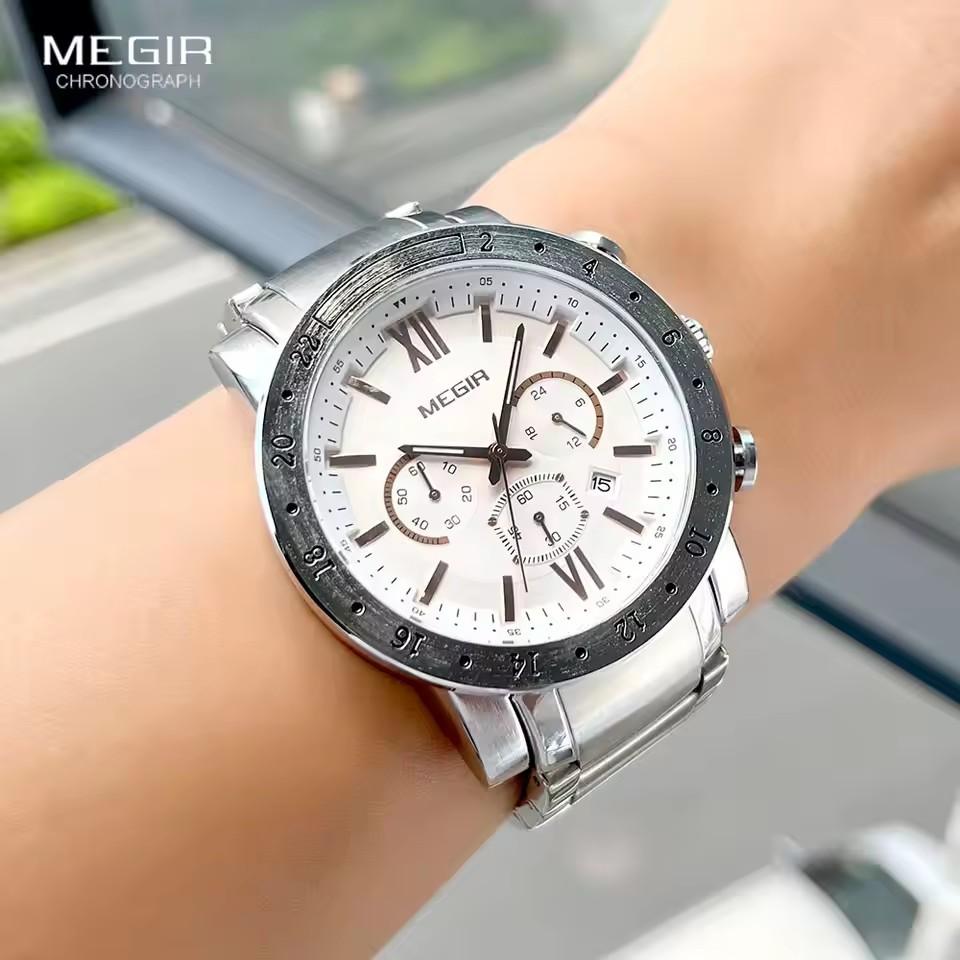 Megir 3008G 3008 Business Men's Dress Big Wrist Watches Chronograph Clock Stainless Steel Band 24 Hours Quartz Stop Watch Man