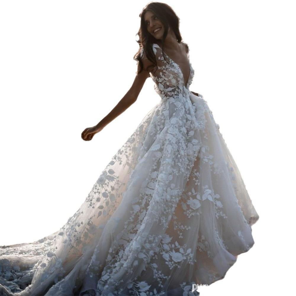 Women White 3D Floral Lace Deep V Sheer Tulle A Line Wedding Dress Spring Elegant Bridal Train Maxi Gown Formal Wedding Guest Evening Party Dress