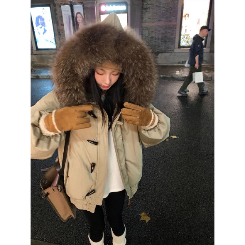 Women's Winter Cotton Jacket with Large Raccoon Fur Collar and Horn Buttons