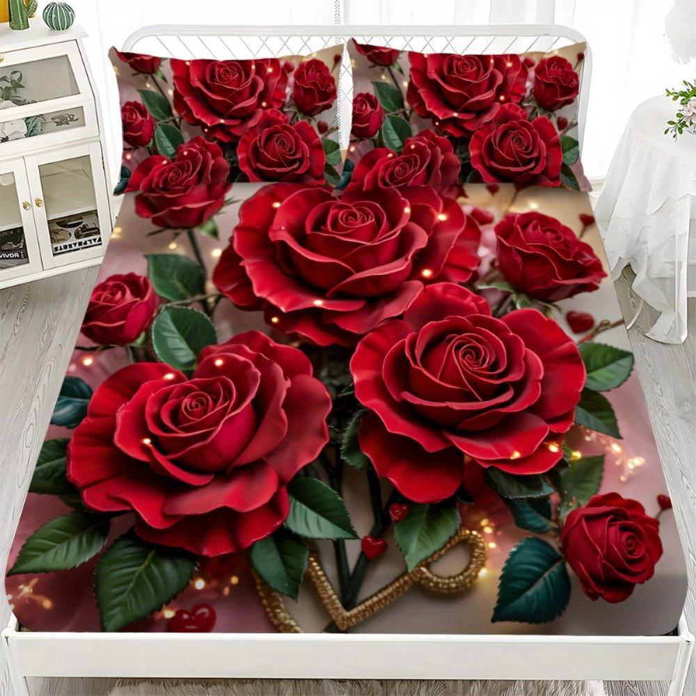 1pc Grey Fitted Sheet Red Rose Flowers Butterfly Print 100% Polyester Cover Breathable Bedding Set Home Decor Without Pillowcase