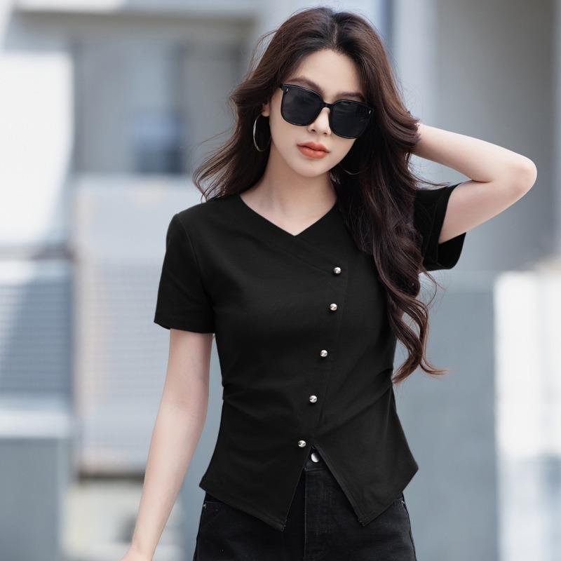 Women's Summer New High End Temperament V Collar Shoulder Short Sleeve Irregular Hem Top