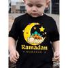 European Sizes Soft Cotton T-shirt for Boys - Ramadan Mubarak Printed Black Casual Round-neck Short-sleeved Top, Festival Moon and Star Design