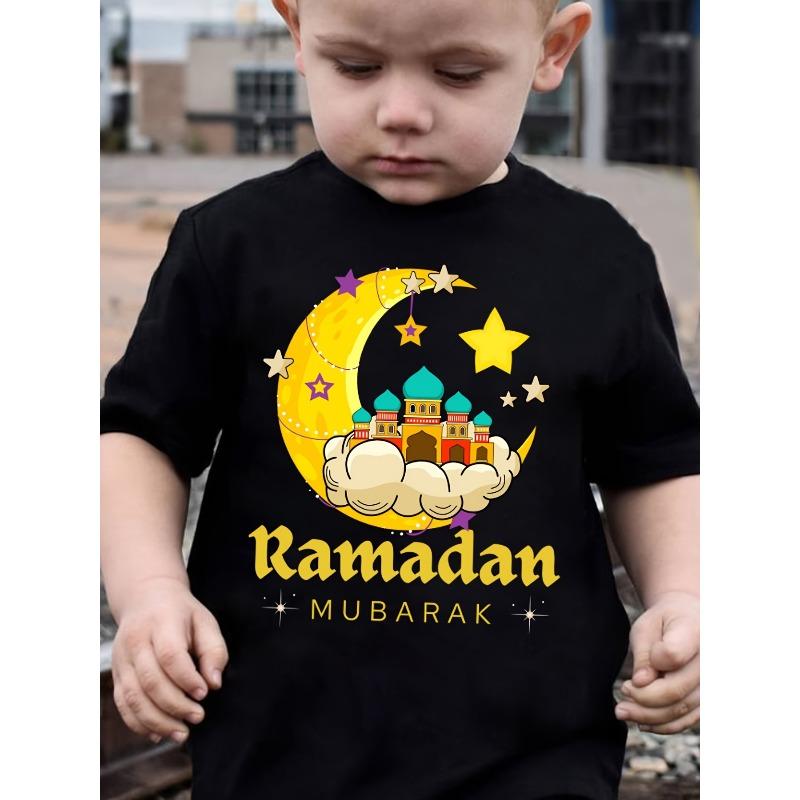 European sizes Soft cotton T-shirt for boys - Ramadan Mubarak printed black casual round-neck short-sleeved top, festival moon and star design 110 чёрный