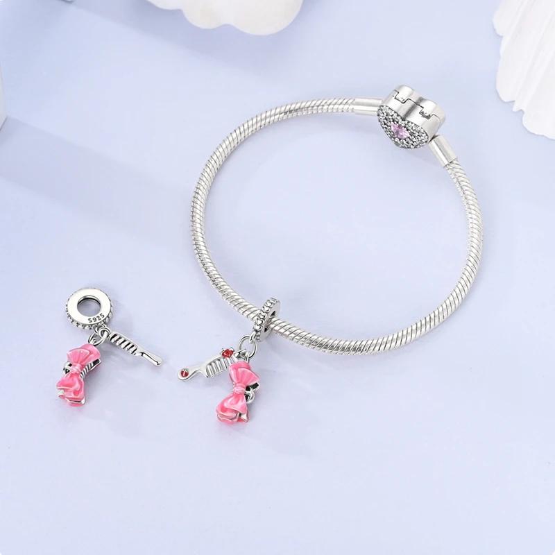 Authentic Original Charm Bead Components Copper Metal Pink Bow Hair Clip Comb Bead Components Compatible With Charm Bead Components Plata Bracelets