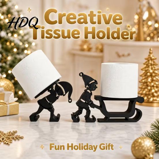 Novelty Paper Roll Storage Christmas Elf Towel Holder 3D Printed Matte Black Tissue Holder Stand Sleigh Silhouette Decorative for Kitchen