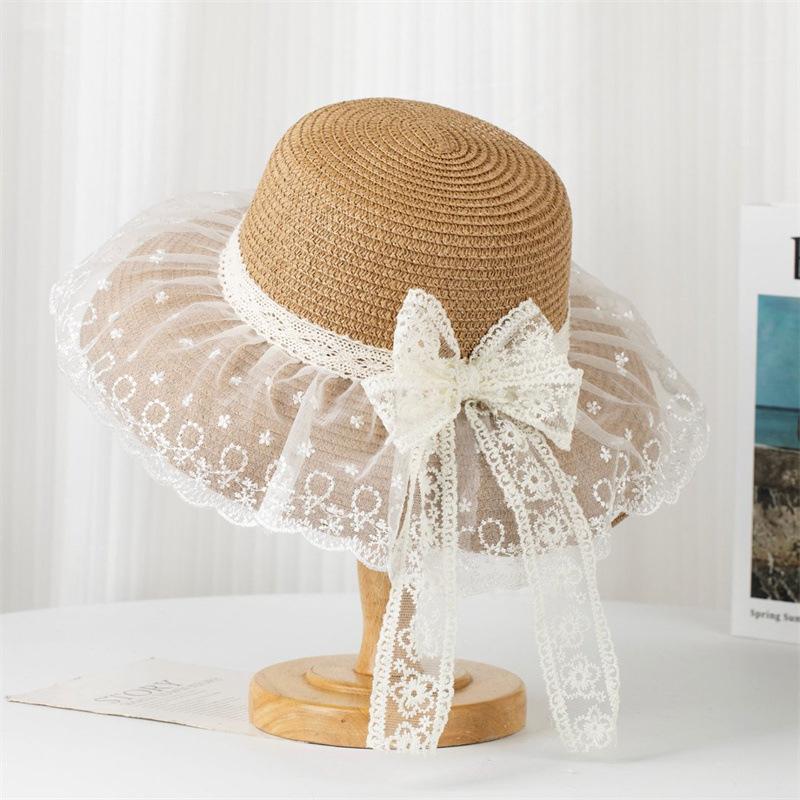 Fashion Bow Lace Straw Hat Women's Sweet and Cute Big Brim Mesh Shade Sunscreen Straw Shade Hat