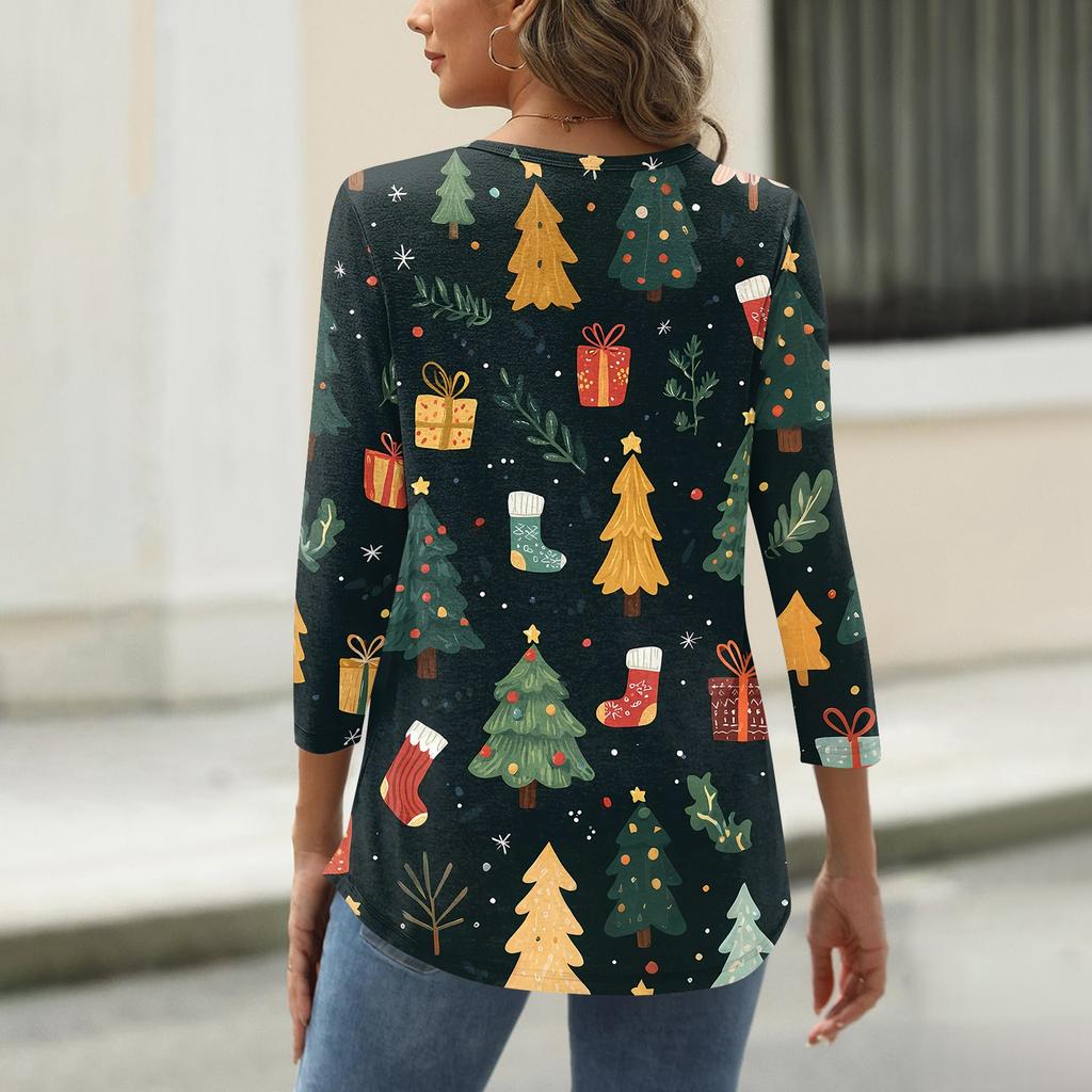Camiseta de mujer con estampado navideño, botones, manga 3/4, para uso diario, fin de semana, básica, cuello en V, camiseta regular