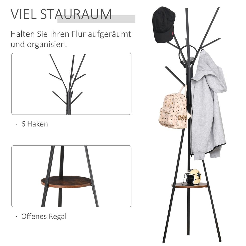 Freestanding Metal Coat Rack Stand 9 Hooks Clothes Tree with 1 Shelf Hat Display Hall Tree Hanger Bag Umbrella Hanging Organiser Brown