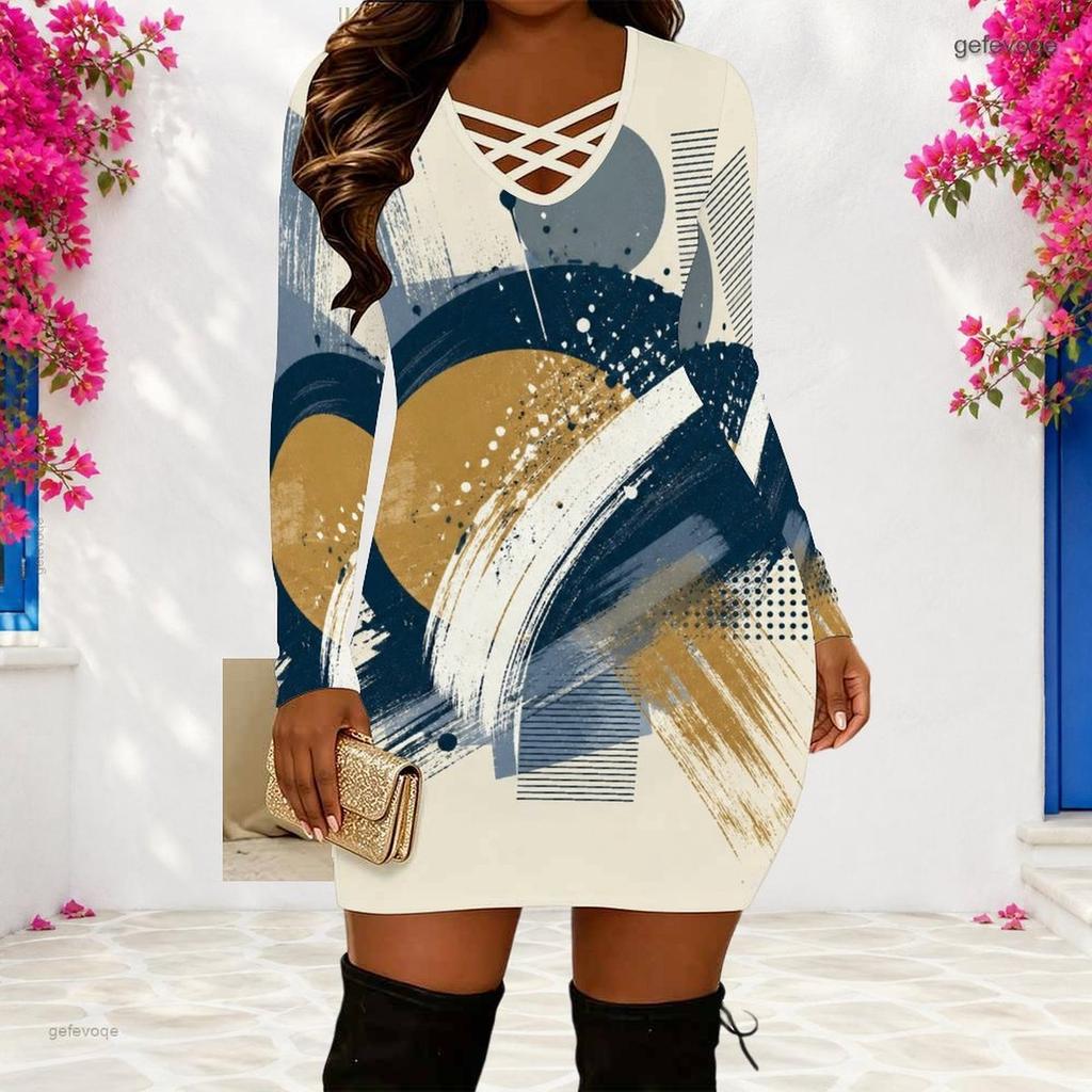 Women Plus Size Criss Cross V Neck Long Sleeve Geometric Printed Bodycon Mini Dress