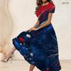 Women Plus Size Round Neck Short Sleeve Printed Gathered Waist A Line Long Dress Red Blue White