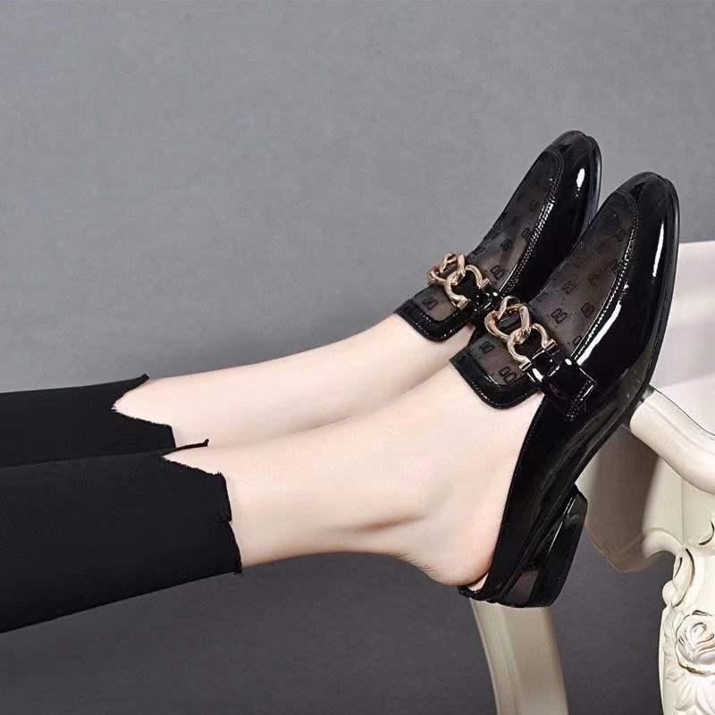 Women's 2025 Genuine Leather Chunky Heel Closed-Toe Mesh Sandals - Summer Fashion Half Slippers