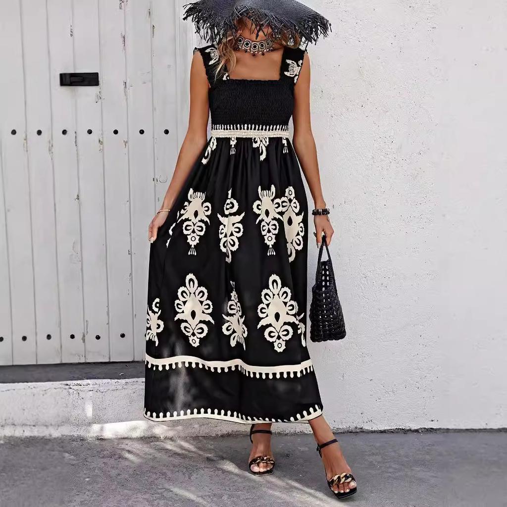 Women's Square Neck Sleeveless Maxi Dress Loose Fit High Waist Gentle Floral Print Summer Beach Vacation Flowy Boho Sundress