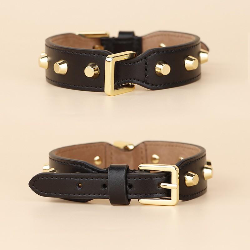 Premium Leather Dog Collar Adjustable Double-Sided Full-Grain Cowhide With Star Rivet Decor Small To Medium Dogs