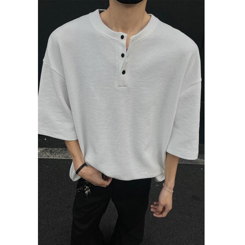 Men Waffle Knit Henley Short Sleeve T Shirt Casual Loose Fit Summer Top M