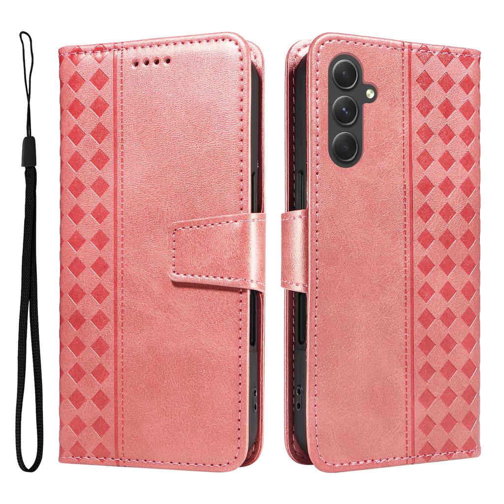 For Samsung Galaxy A54 5G Leather Case Wallet Stand Grids Imprinted Phone Cover with Strap