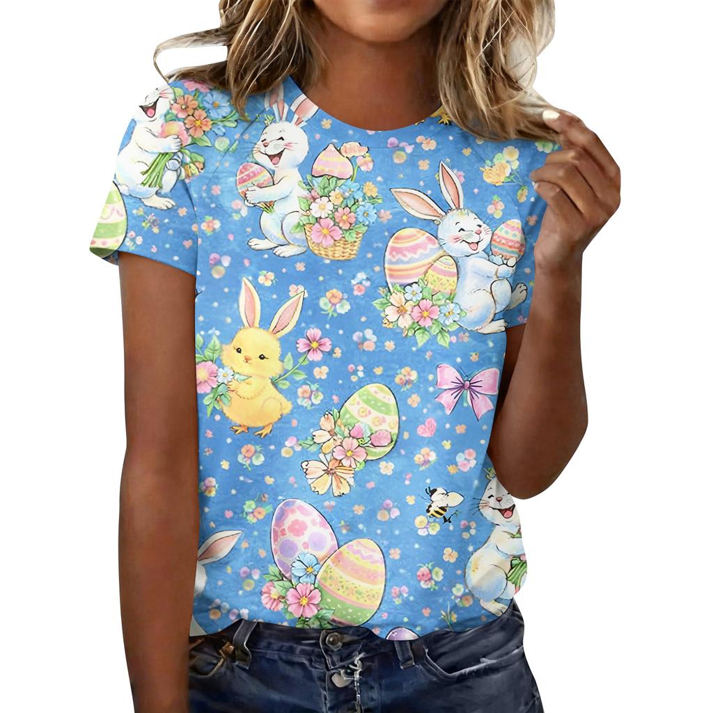 Women's Fashionable Casual Short-Sleeved Raglan Sleeve Easter Print T-Shirt Top