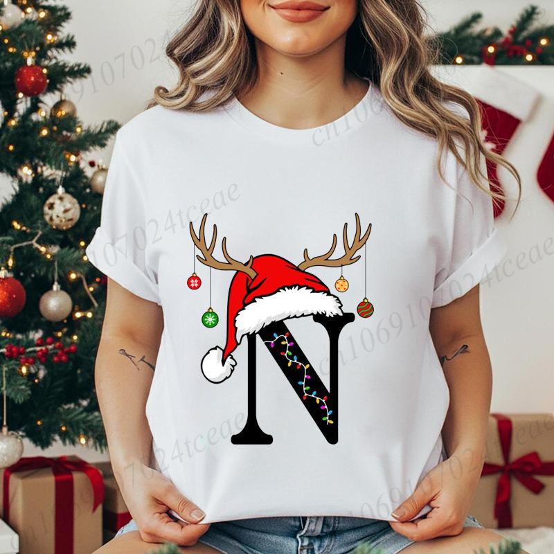 Fashion Christmas Alphabet Santa Reindeer Print T-Shirts Fashion Clothing Short Sleeve T-shirt Christmas Party Trend Women Tops
