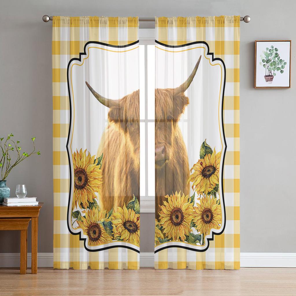 American Country Style Sunflower Cow Sheer Curtains for Living Room Modern Voile Curtain Bedroom Tulle Curtains Window Drapes