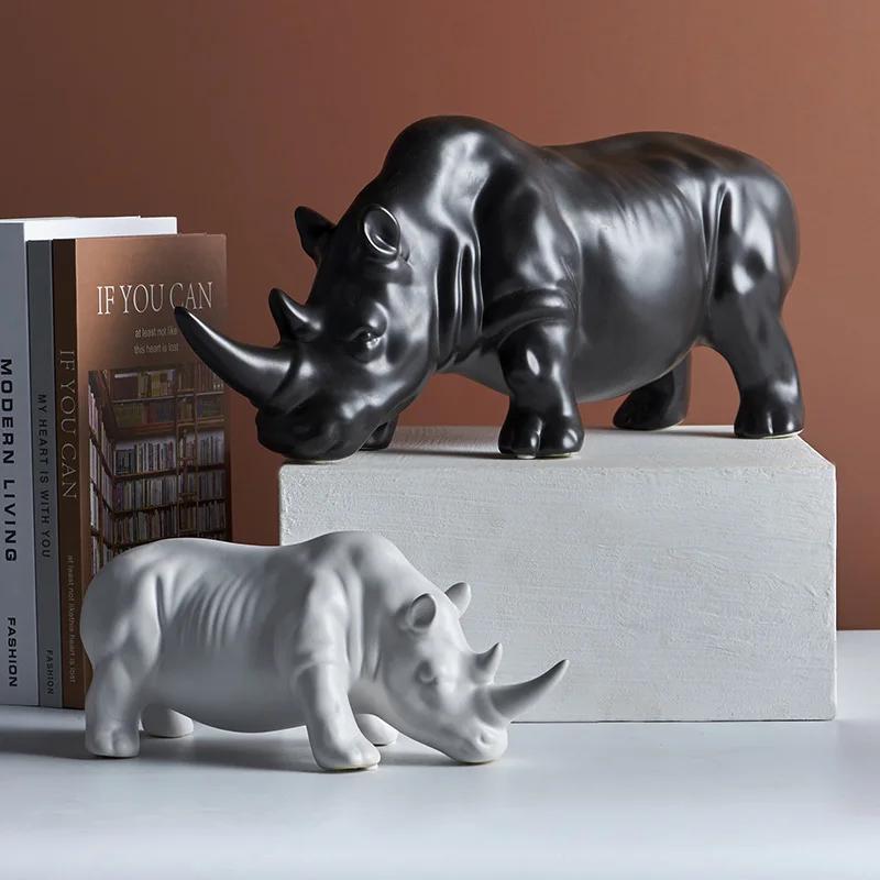 Ceramic Crafts Simulation Animal Sculpture Rhino White Rhino Ceramic Ornaments Animal Figures Home Decoration Accessories