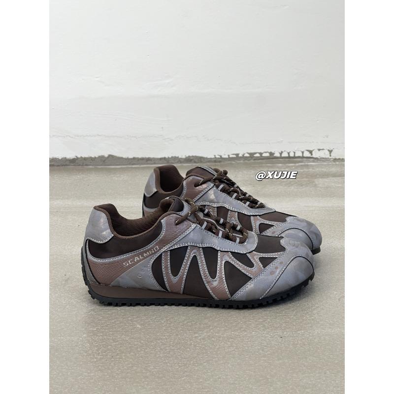 Leather Mesh Women's Autumn New Round Head Thick Sole Elastic Band Color Matching Breathable Casual Sports Shoes