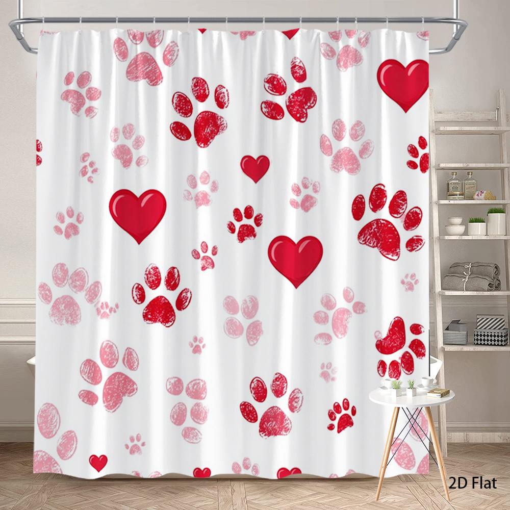 

Paw Print Heart Shower Curtain 1Pc – Red & Pink Dog Paws With Love Symbols, Cute Pet Lover Art For Romantic Bathroom Decor W60H190(CM)-1 Pcs