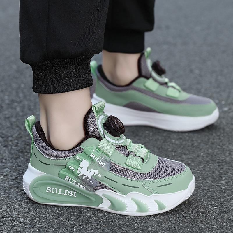 Rotating button shoes mesh breathable fashion children's sports shoes 2025 new boys running shoes factory straight hair
