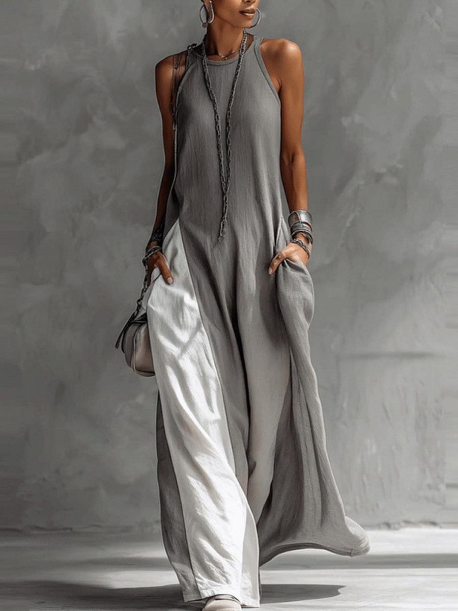

New Women s Sleeveless Loose Pocket Color Block Casual Off-Shoulder Dress S серый
