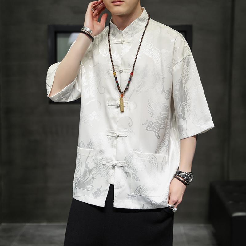 Ice Silk Short-sleeved Shirt Men's Chinese Style Thin Buckle Dragon Pattern Half-sleeved Large Size Loose Tang Suit Shirt Summer