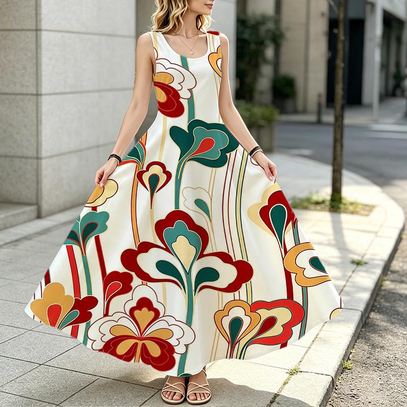 Summer Floral Sleeveless Maxi Dress for Women Loose Fit,Soft Fabric,Vibrant Colors,Versatile for Daily Casual & Outing Wear