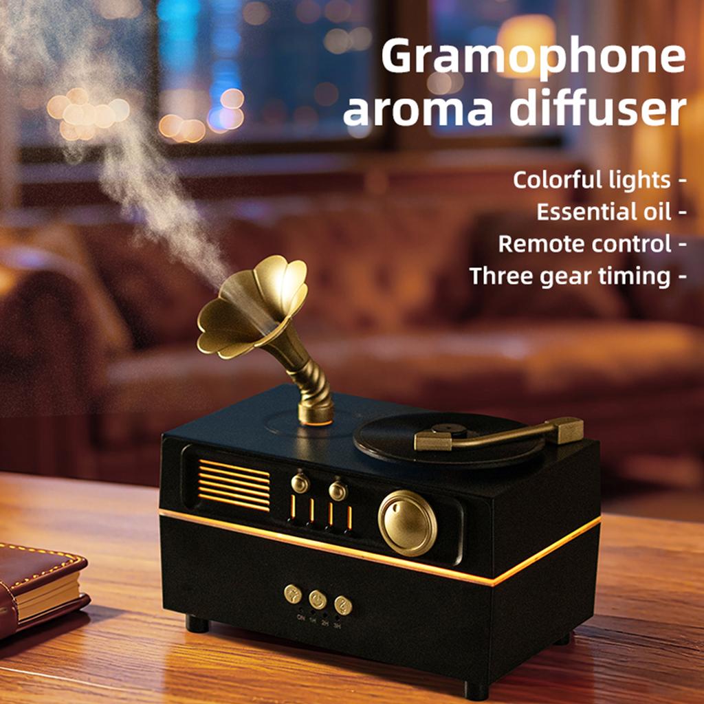 Retro Record Player Essential Oil Diffuser BT Air Diffuser Humidifier USB Charging with Timer Suitable for Room Office and Gym