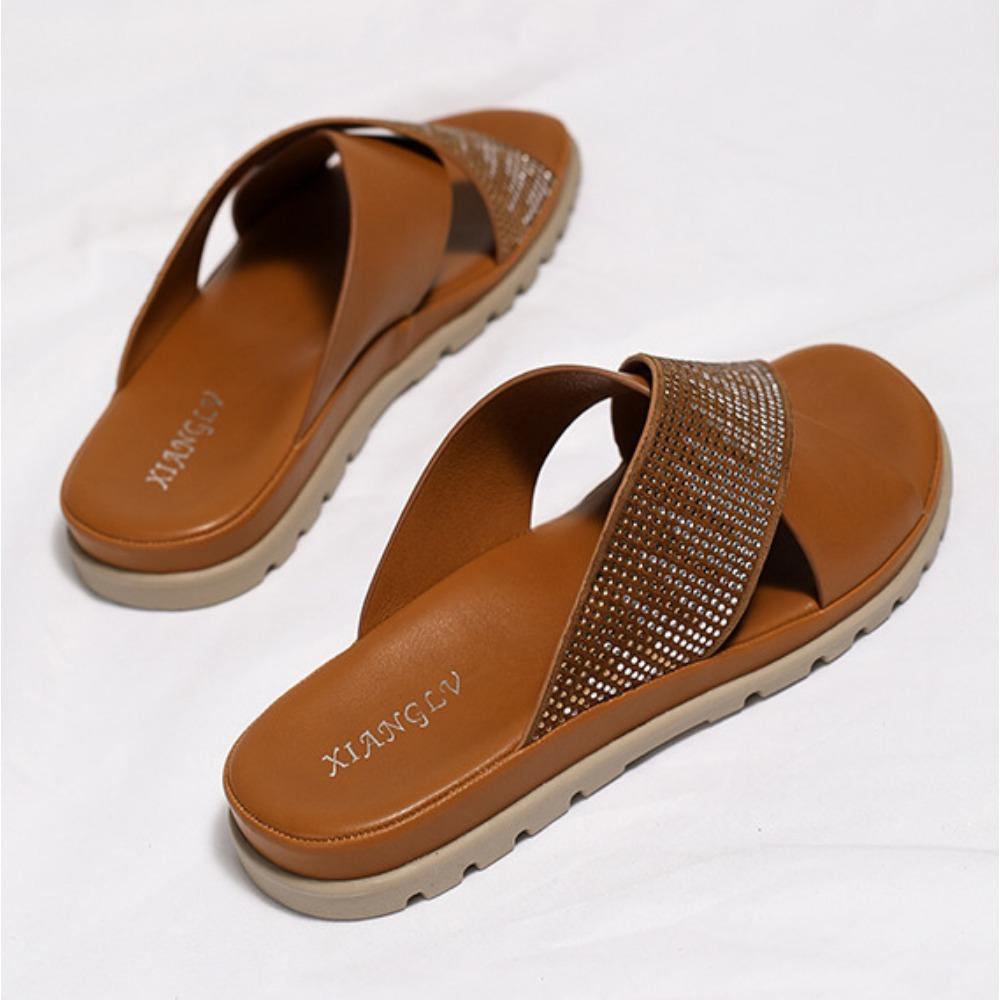 Slippers for Women 2026 New Flat Sandals Summer Rhinestone Comfortable Low Heel Slippers for Womens Luxury Sandals Ladies Shoes