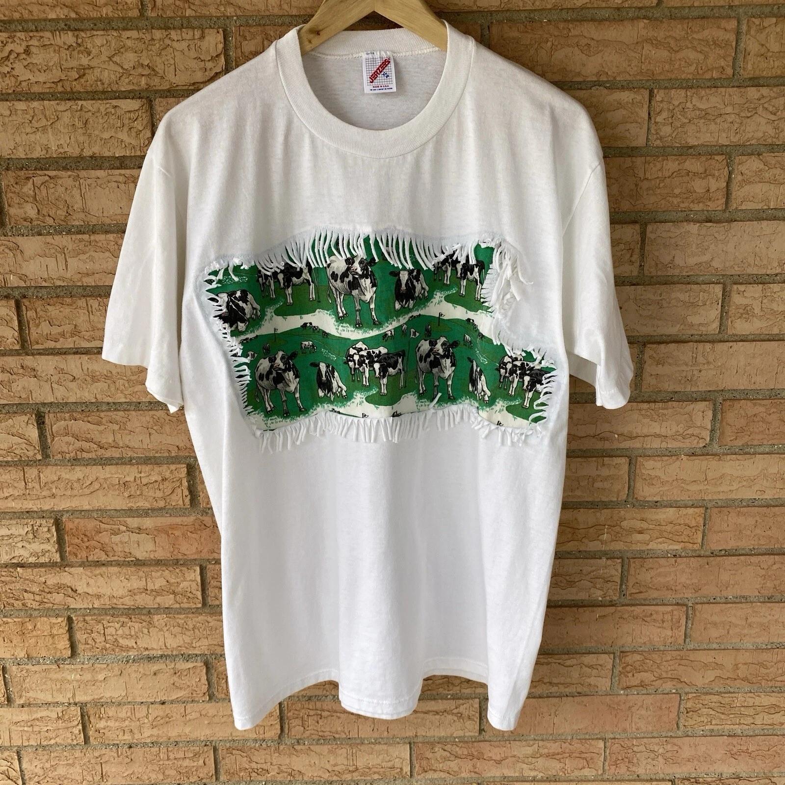 80s 90s cows on golf course fringe applique graphic single stitch t-shirt sz XL 3XL