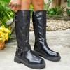 Fashion 2025 Autumn British Style Knight Boots for Women Belt Buckle Side Zipper High Top Boots Soft Black PU Long Bottes Femmes Size 36