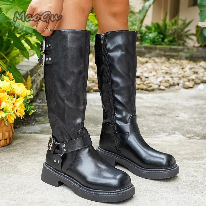 Fashion 2025 Autumn British Style Knight Boots for Women Belt Buckle Side Zipper High Top Boots Soft Black PU Long Bottes Femmes Size 36
