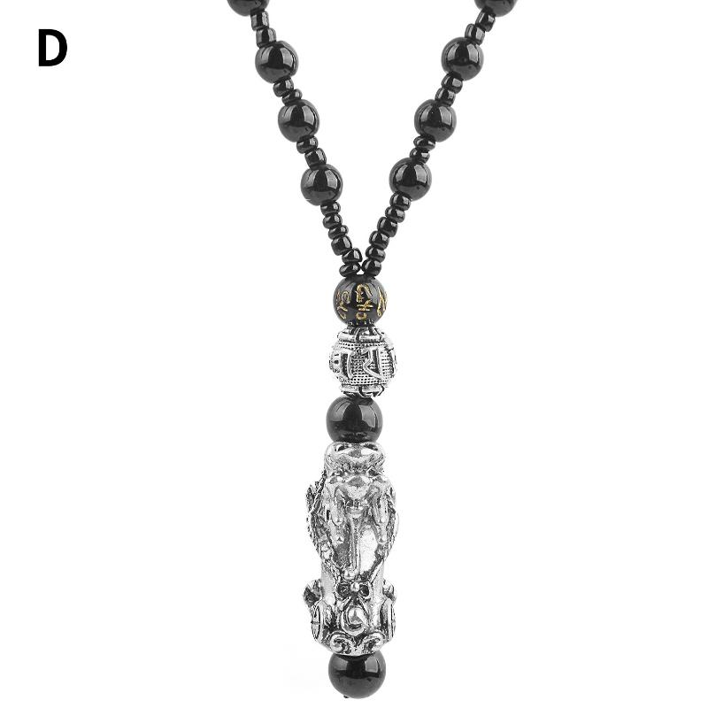 1 Peça Colar Pingente Pixiu para Riqueza Boa Sorte Feng Shui Chinês Fé Colar de Contas de Obsidiana Joia de Moda Unissex