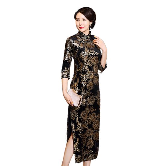 

Женское тонкое платье Cheongsam Midi с длинным рукавом и цветочным принтом 44989