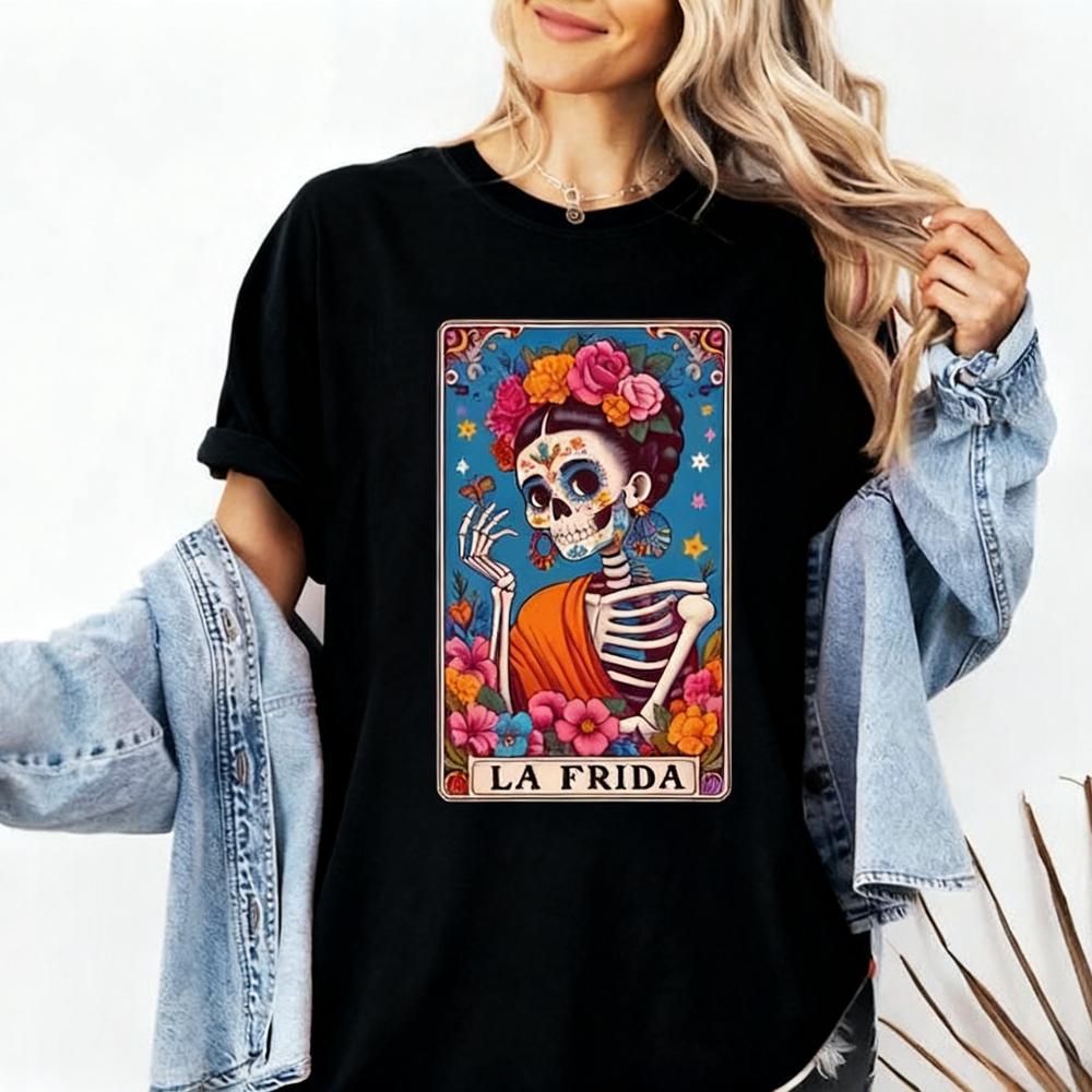 La Frida Dia De Los Muertos TShirt Sugar Skull Halloween TShirt Tarot Card Women Tee Mexican Day of The Dead Shirt Festival Top M