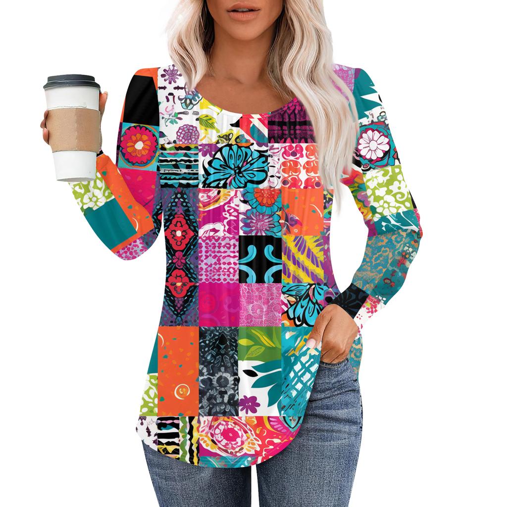 Women's Fashion Casual Pleated Round Neck Vintage Floral Print Long Sleeve T,Shirt Top