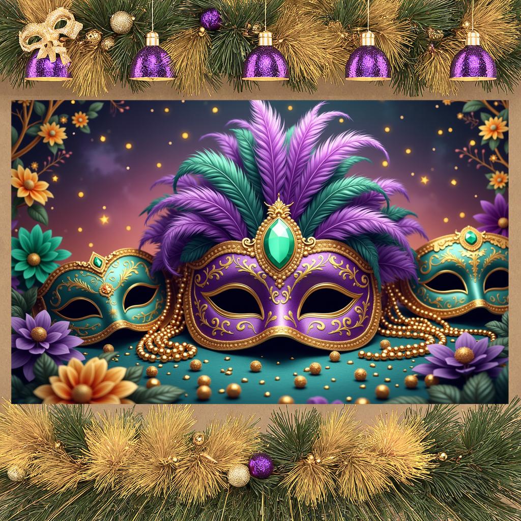 Feather Mask Background Festive Purple Green Gold Banner Festive Backdrop Green Bead Mardi Gras Backdrop For Carnival Parade
