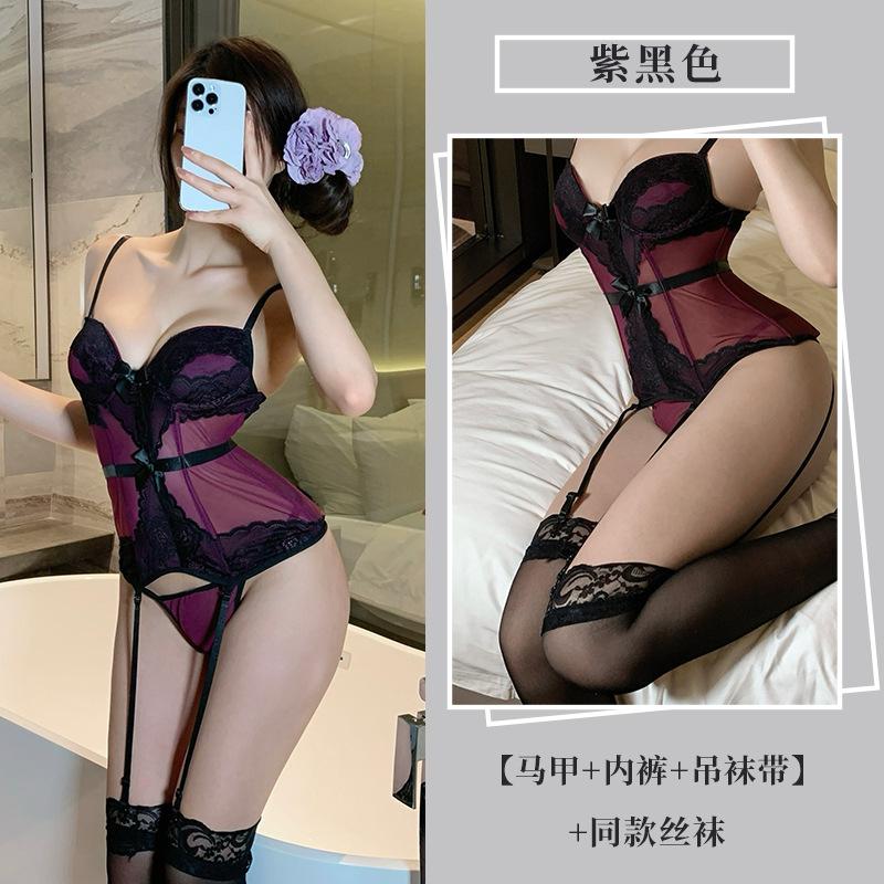 Sexy lingerie pure desire uniform seduction purple vest perspective clothes suspenders 94