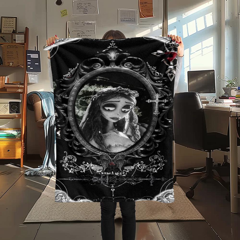 1Pc Corpse Bride Cartoon Print Flannel Blanket, High Quality Comfortable for All Seasons, Home Decor, Warmth and Comfort, Perfect for Gifts